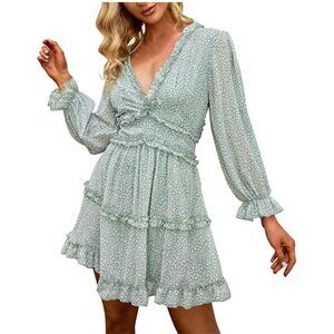 Women's Casual Floral Summer Long Sleeve Deep V-Neck Open Back Ruffles Large